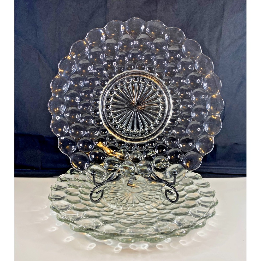 Vintage ANCHOR HOCKING Clear Bubble Glass 9 7/8" Dinner Plates 4 rows set of 3